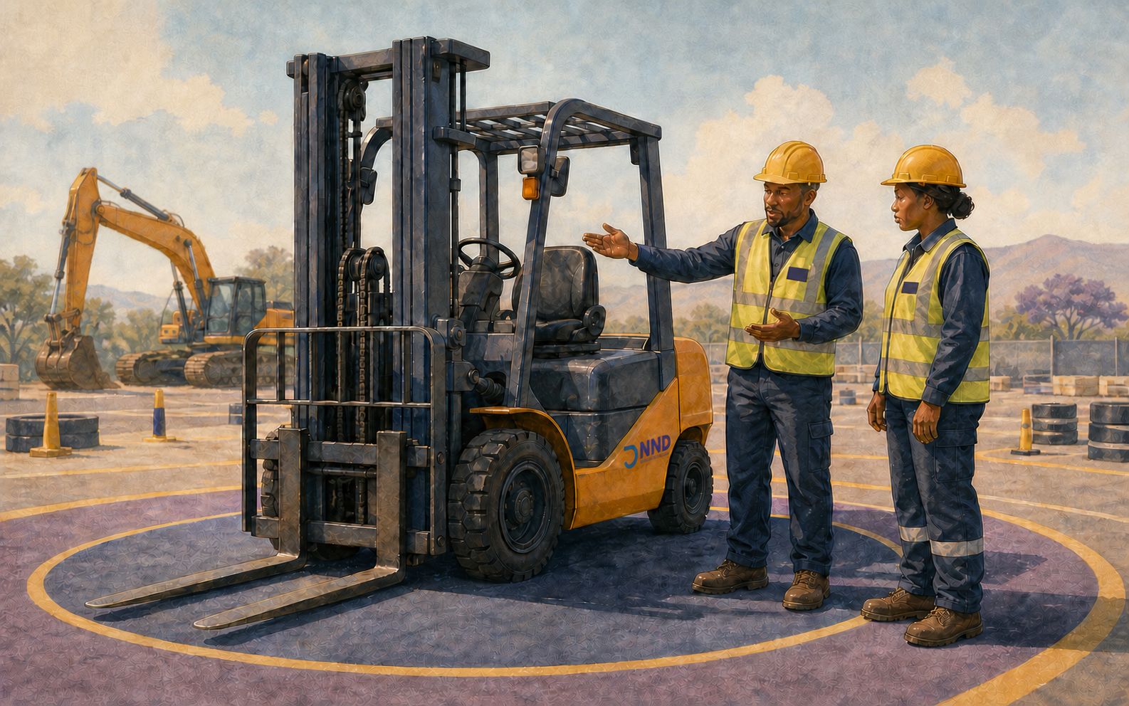 Editorial illustration of supervised forklift operator instruction